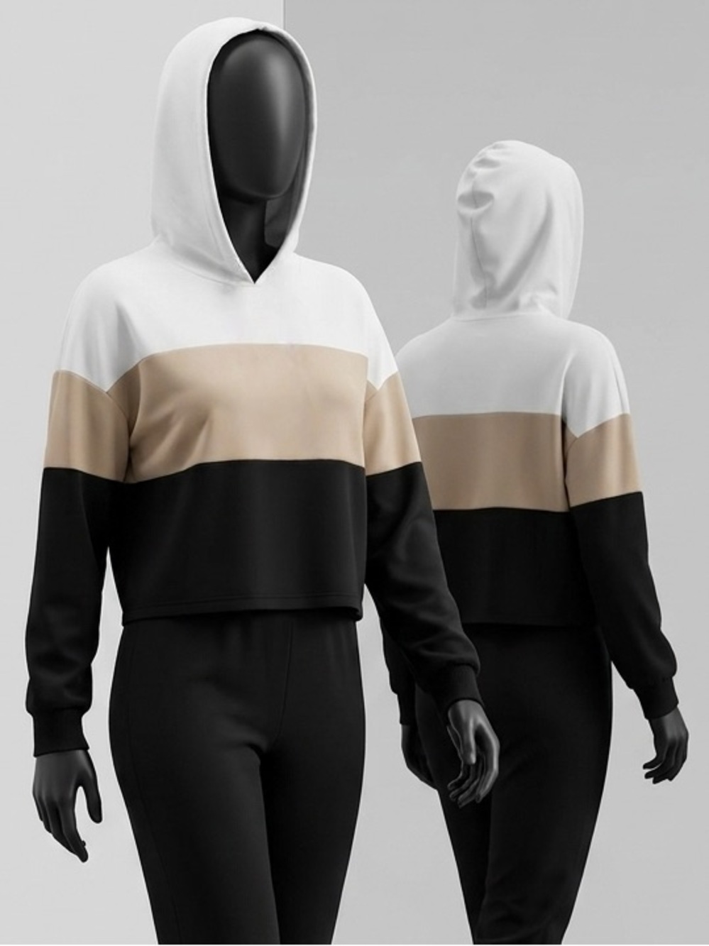 SHEIN White Tan Black Colorblock Hoodie
